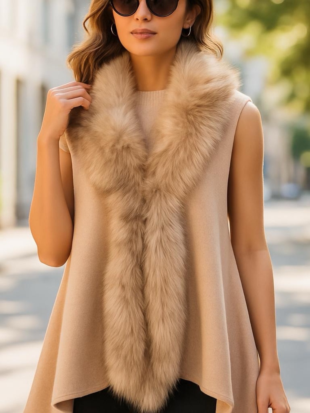 E&L Pink Faux Fur Trim Knit Vest XL Blush Metallic Open Front High Low Hem NEW‎